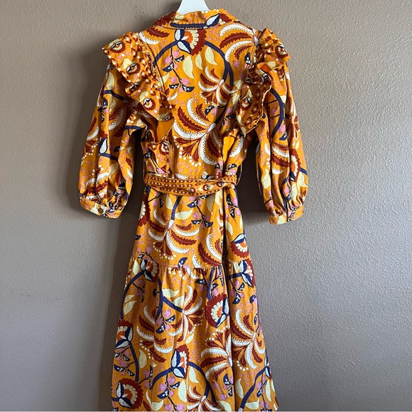 FARM Rio Yellow Palms Midi Ruffled Party Dress with Belt Size Small - Picture 7 of 12